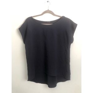 Navy blue short sleeved blouse.